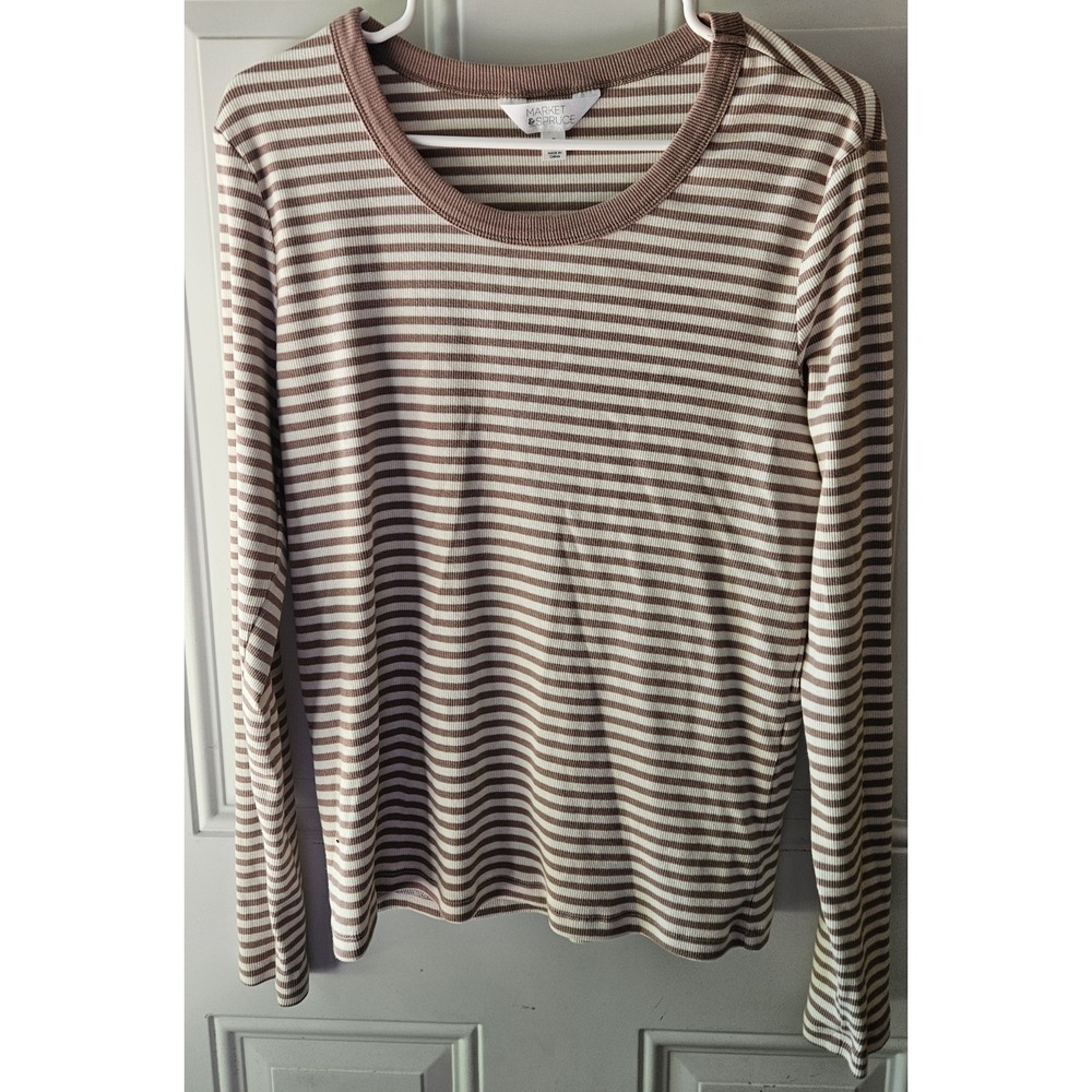 Market & Spruce Ribbed Striped Long Sleeve Top Women's XL Brown Cream
